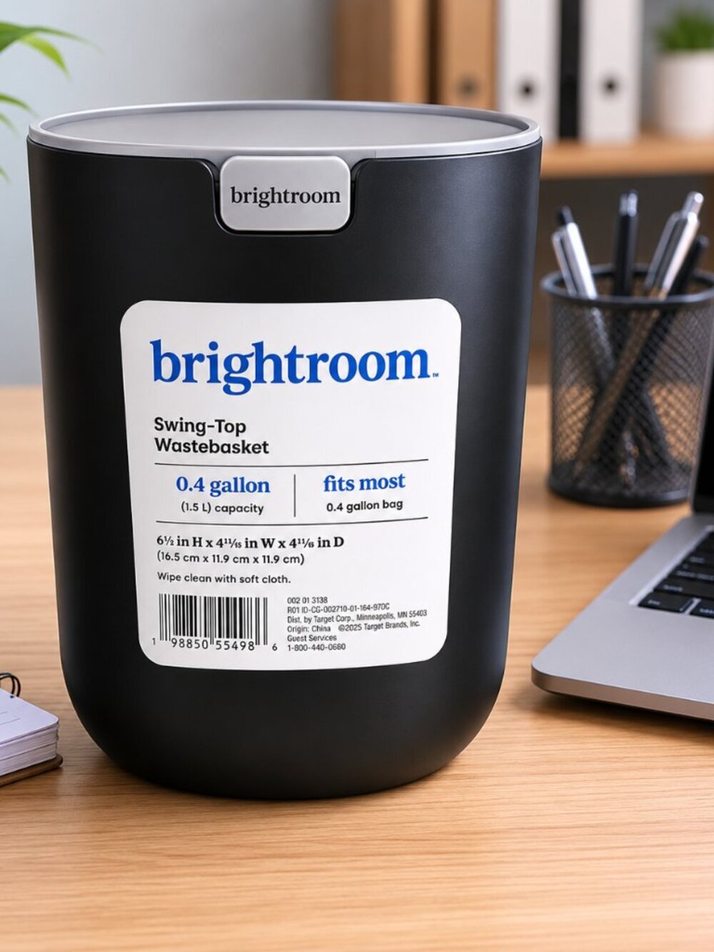 Brightroom Swing Top Wastebasket 0.4 Gallon Black Mini Trash Can Bathroom